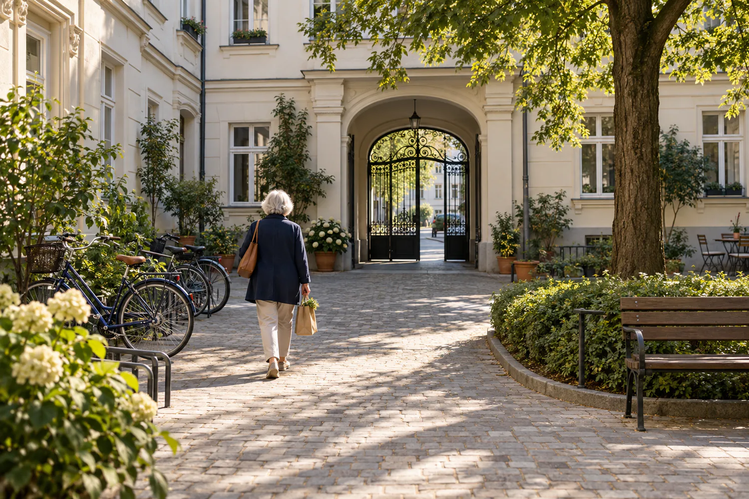 Ältere Frau geht durch einen begrünten Wiener Innenhof